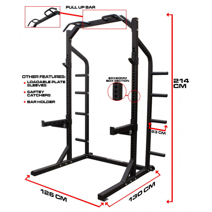 Half Rack med pull-up bar, safetyarms vægtskive holdere